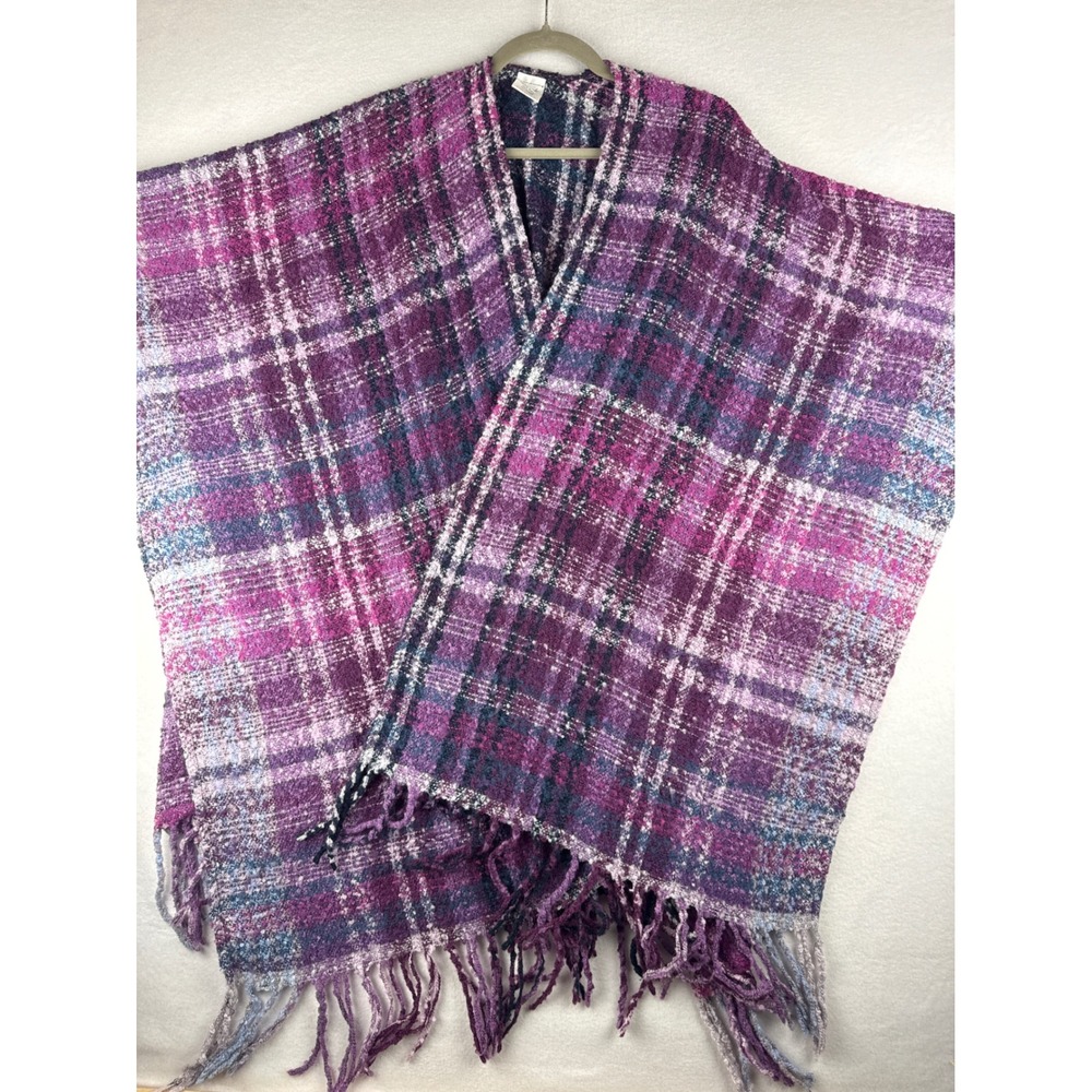 Woolrich Women's Purple Pink Plaid Boucle Boho Fringe Open Front Poncho Wrap OS